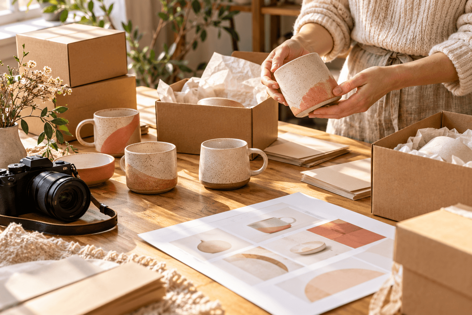 Doğal ışıkta küçük bir işletmenin ürün, paket ve katalog hazırlık masası