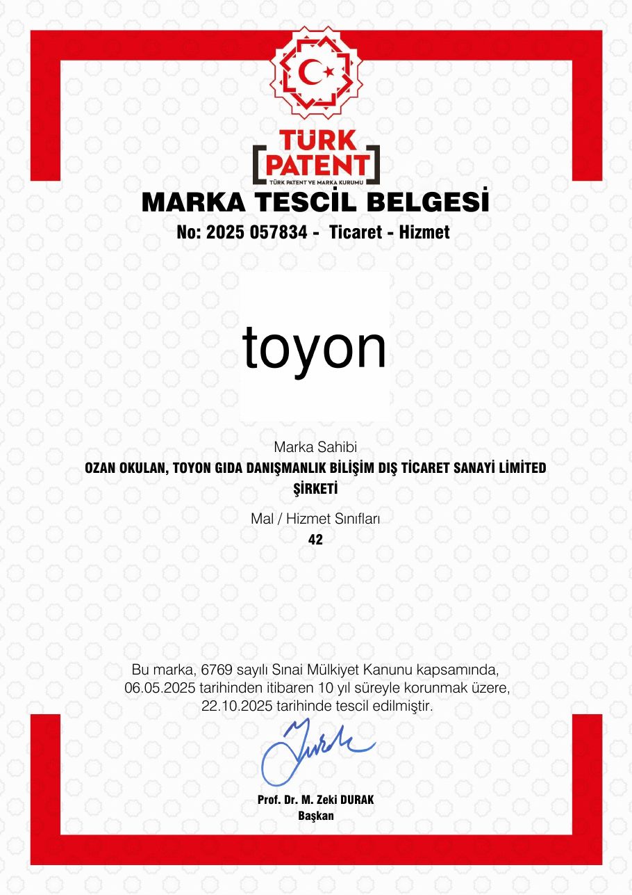 TOYON markası 2025/057834 numaralı marka tescil belgesi